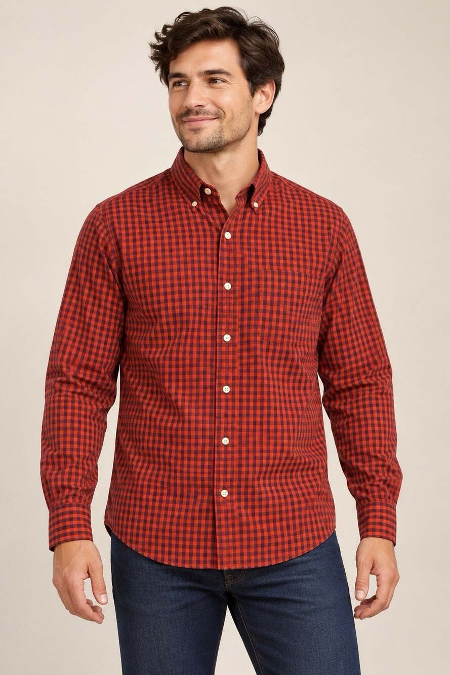 Saddlebred Shirt Mens Large Brick Red Navy Gingham Check Long Sleeve Easy Care